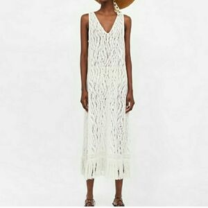 Zara Women's Crochet Knit Beige Cover Up Beach Maxi Dress Sz Small V Neck.